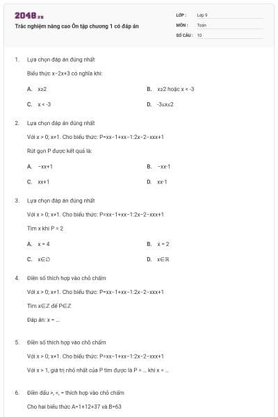 Trắc nghiệm nâng cao Ôn tập chương 1 có đáp án