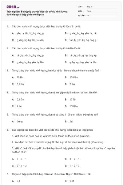 Trắc nghiệm Bài tập lý thuyết Viết các số đo khối lượng dưới dạng số thập phân có đáp án