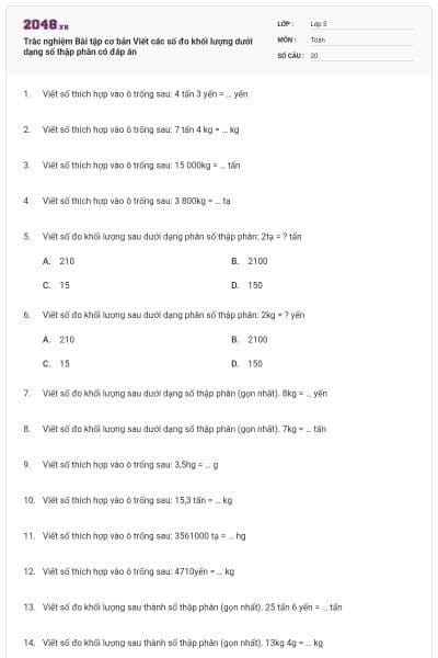 Trắc nghiệm Bài tập cơ bản Viết các số đo khối lượng dưới dạng số thập phân có đáp án