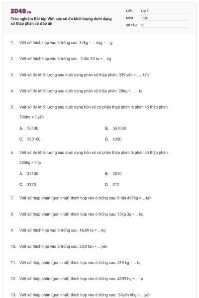 Trắc nghiệm Bài tập Viết các số đo khối lượng dưới dạng số thập phân có đáp án