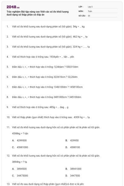 Trắc nghiệm Bài tập nâng cao Viết các số đo khối lượng dưới dạng số thập phân có đáp án