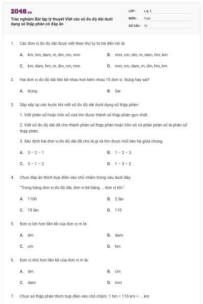 Trắc nghiệm Bài tập lý thuyết Viết các số đo độ dài dưới dạng số thập phân có đáp án