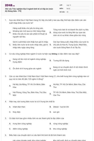 362 câu Trắc nghiệm Địa lí ngành kinh tế có đáp án (mức độ thông hiểu - P4)