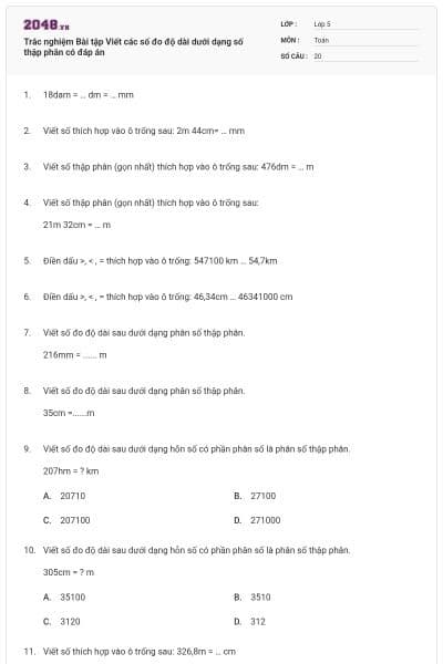 Trắc nghiệm Bài tập Viết các số đo độ dài dưới dạng số thập phân có đáp án
