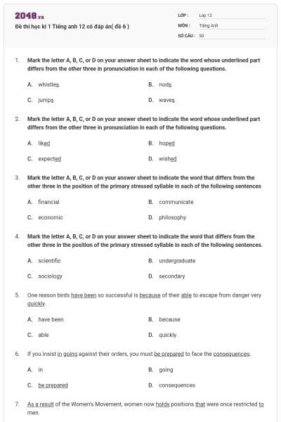 Đề thi học kì 1 Tiếng anh 12 có đáp án( đề 6 )