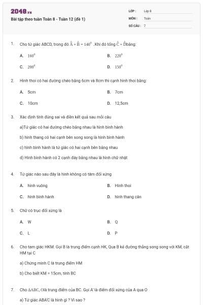 Bài tập theo tuần Toán 8 - Tuần 12 (đề 1)