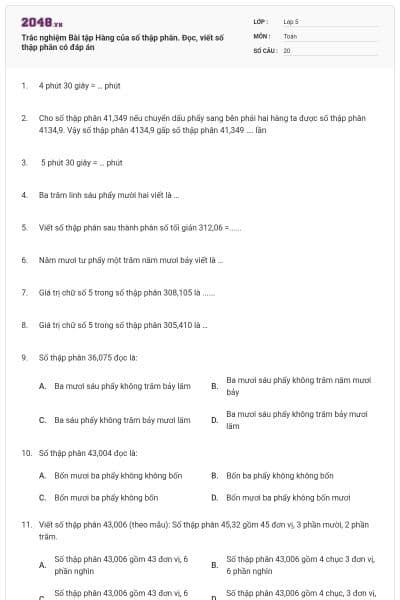 Trắc nghiệm Bài tập Hàng của số thập phân. Đọc, viết số thập phân có đáp án