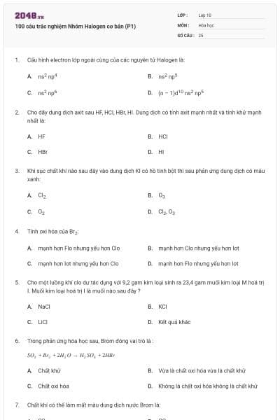 100 câu trắc nghiệm Nhóm Halogen cơ bản (P1)