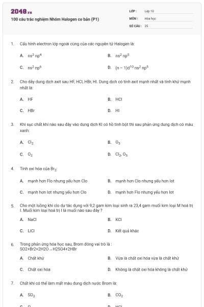100 câu trắc nghiệm Nhóm Halogen cơ bản (P1)
