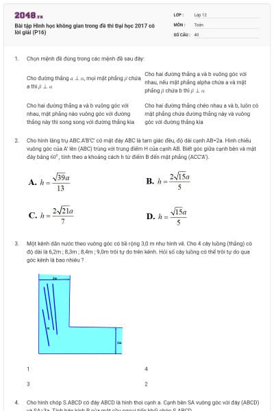 Bài tập Hình học không gian trong đề thi Đại học 2017 có lời giải (P16)