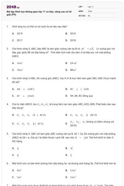 Bài tập Hình học không gian lớp 11 cơ bản, nâng cao có lời giải (P9)