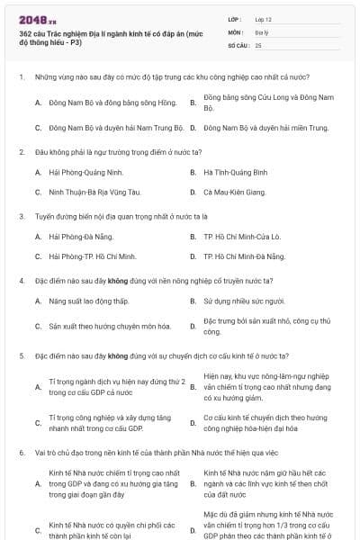 362 câu Trắc nghiệm Địa lí ngành kinh tế có đáp án (mức độ thông hiểu - P3)