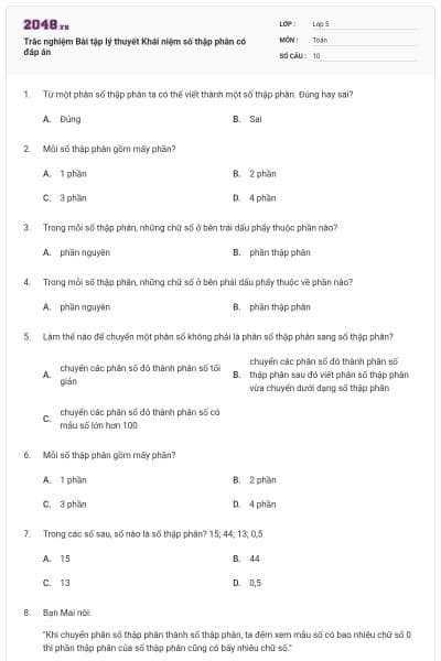 Trắc nghiệm Bài tập lý thuyết Khái niệm số thập phân có đáp án