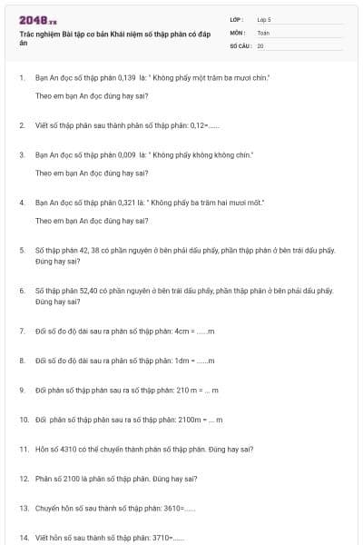 Trắc nghiệm Bài tập cơ bản Khái niệm số thập phân có đáp án