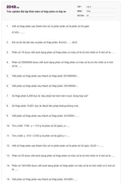 Trắc nghiệm Bài tập Khái niệm số thập phân có đáp án