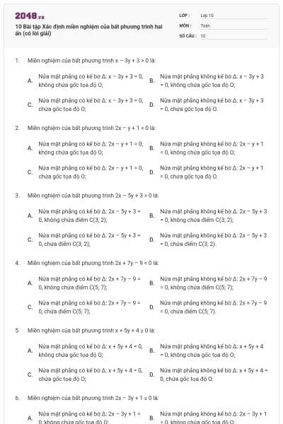 10 Bài tập Xác định miền nghiệm của bất phương trình hai ẩn (có lời giải)