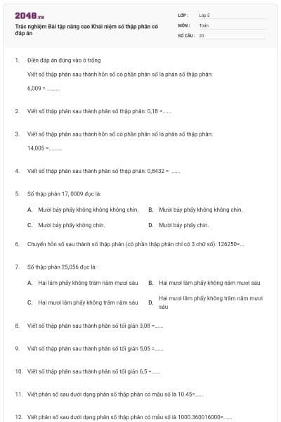 Trắc nghiệm Bài tập nâng cao Khái niệm số thập phân có đáp án
