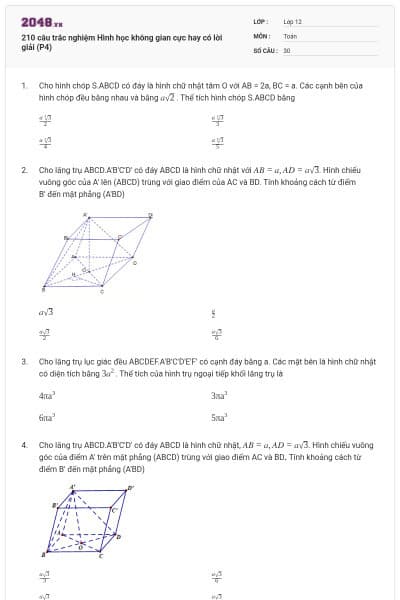 210 câu trắc nghiệm Hình học không gian cực hay có lời giải (P4)