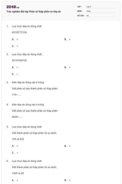 Trắc nghiệm Bài tập Phân số thập phân có đáp án