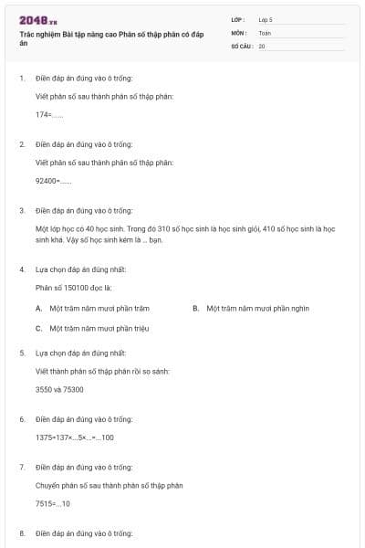 Trắc nghiệm Bài tập nâng cao Phân số thập phân có đáp án