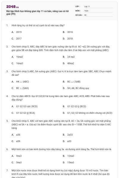 Bài tập Hình học không gian lớp 11 cơ bản, nâng cao có lời giải (P9)