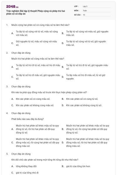 Trắc nghiệm Bài tập lý thuyết Phép cộng và phép trừ hai phân số có đáp án