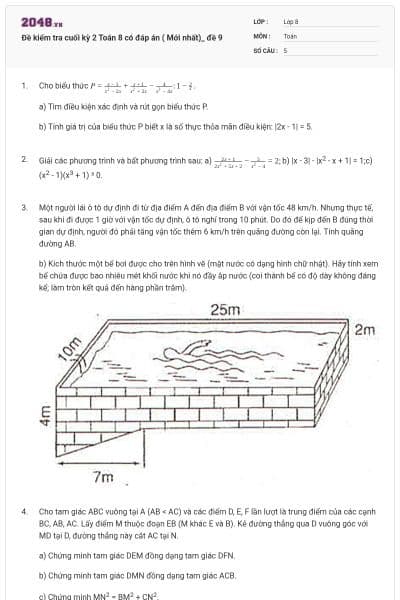 Đề kiểm tra cuối kỳ 2 Toán 8 có đáp án ( Mới nhất)_ đề 9