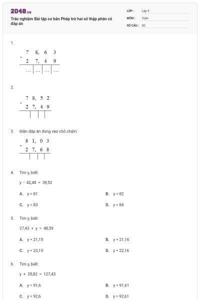 Trắc nghiệm Bài tập cơ bản Phép trừ hai số thập phân có đáp án