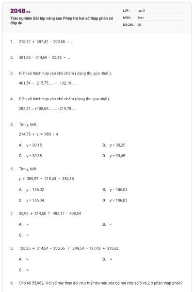 Trắc nghiệm Bài tập nâng cao Phép trừ hai số thập phân có đáp án