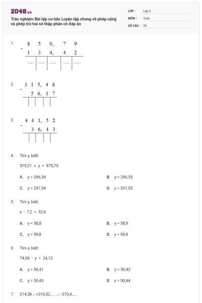 Trắc nghiệm Bài tập cơ bản Luyện tập chung về phép cộng và phép trừ hai số thập phân có đáp án