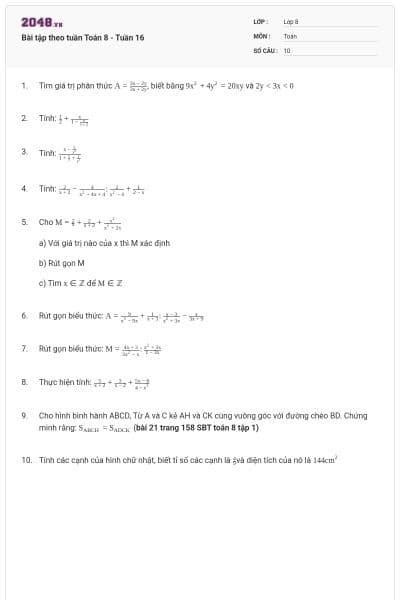 Bài tập theo tuần Toán 8 - Tuần 16