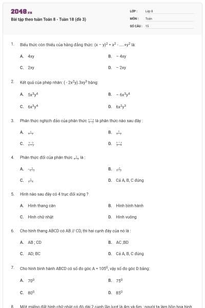 Bài tập theo tuần Toán 8 - Tuần 18 (đề 3)