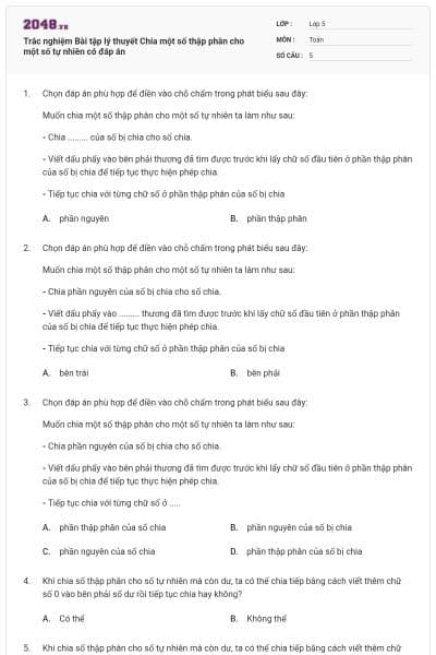 Trắc nghiệm Bài tập lý thuyết Chia một số thập phân cho một số tự nhiên có đáp án