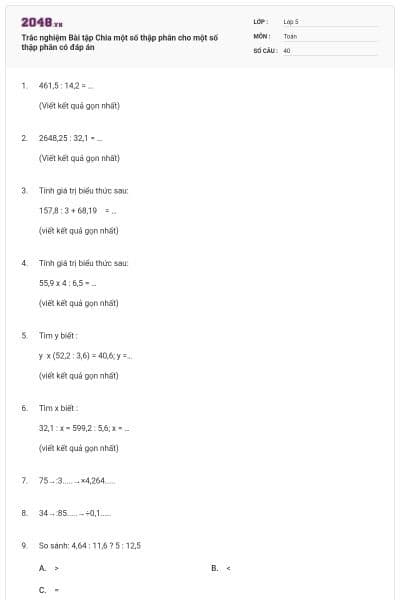 Trắc nghiệm Bài tập Chia một số thập phân cho một số thập phân có đáp án