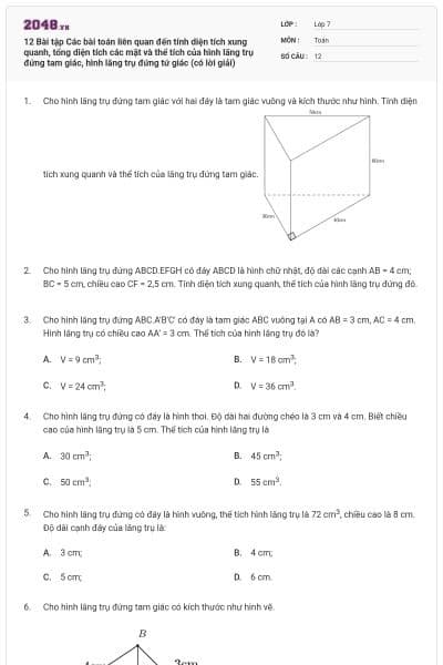 12 Bài tập Các bài toán liên quan đến tính diện tích xung quanh, tổng diện tích các mặt và thể tích của hình lăng trụ đứng tam giác, hình lăng trụ đứng tứ giác (có lời giải)