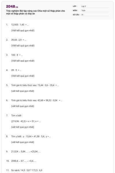 Trắc nghiệm Bài tập nâng cao Chia một số thập phân cho một số thập phân có đáp án