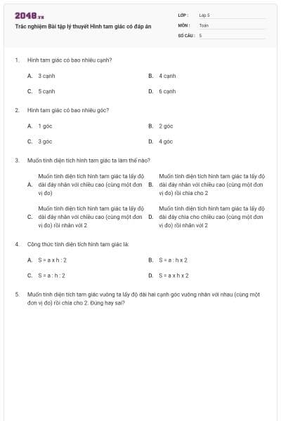 Trắc nghiệm Bài tập lý thuyết Hình tam giác có đáp án