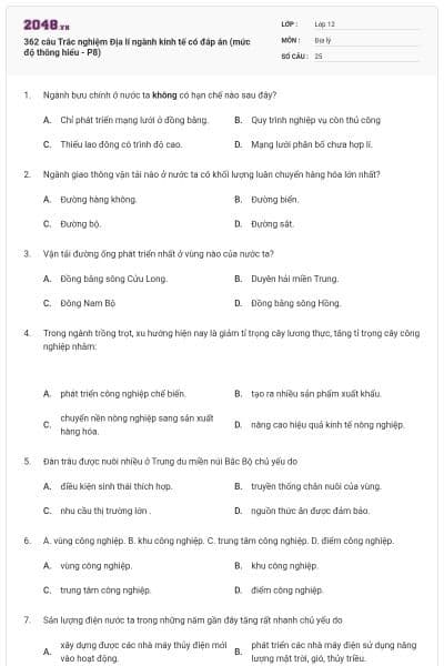 362 câu Trắc nghiệm Địa lí ngành kinh tế có đáp án (mức độ thông hiểu - P8)