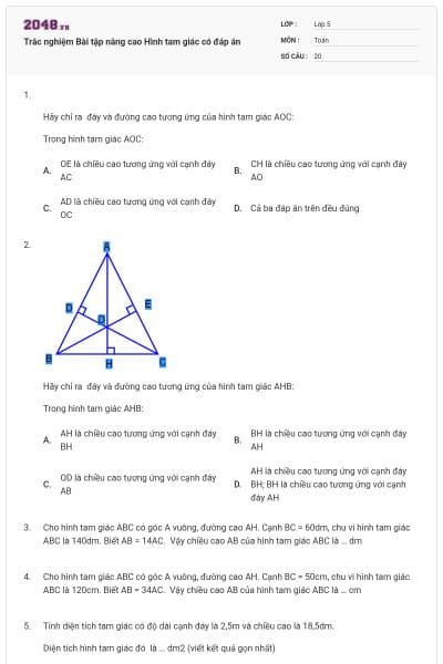 Trắc nghiệm Bài tập nâng cao Hình tam giác có đáp án