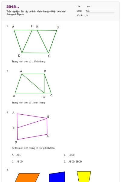 Trắc nghiệm Bài tập cơ bản Hình thang – Diện tích hình thang có đáp án