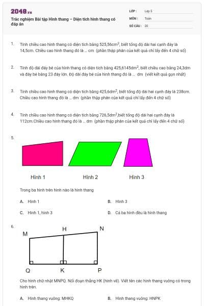 Trắc nghiệm Bài tập Hình thang – Diện tích hình thang có đáp án