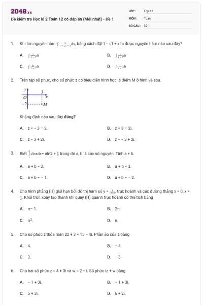 Đề kiểm tra Học kì 2 Toán 12 có đáp án (Mới nhất) - Đề 1