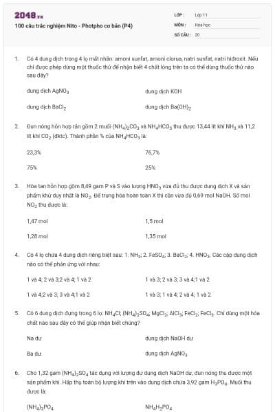 100 câu trắc nghiệm Nito - Photpho cơ bản (P4)