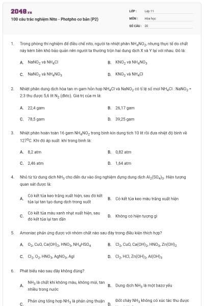 100 câu trắc nghiệm Nito - Photpho cơ bản (P2)