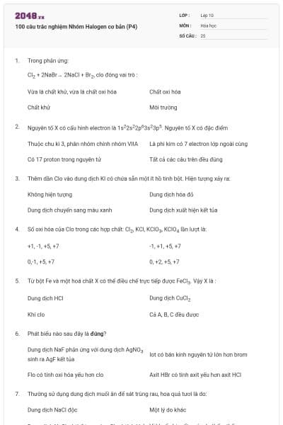 100 câu trắc nghiệm Nhóm Halogen cơ bản (P4)