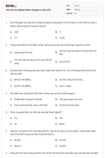 100 câu trắc nghiệm Nhóm Halogen cơ bản (P2)