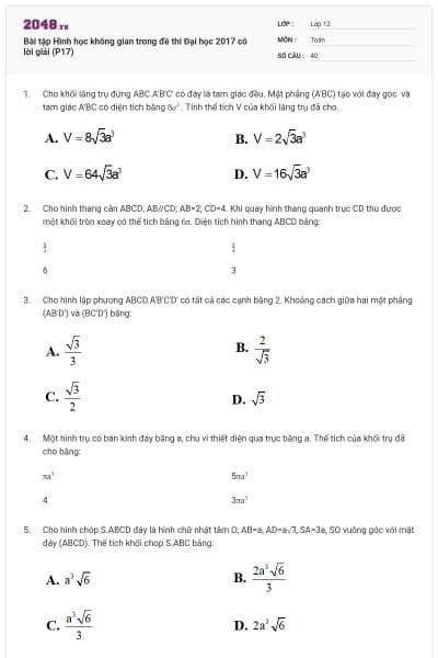 Bài tập Hình học không gian trong đề thi Đại học 2017 có lời giải (P17)
