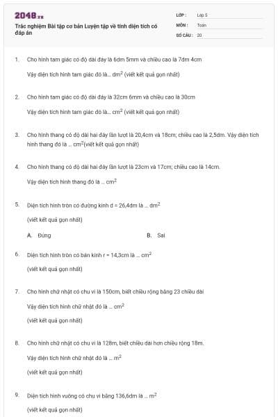 Trắc nghiệm Bài tập cơ bản Luyện tập về tính diện tích có đáp án
