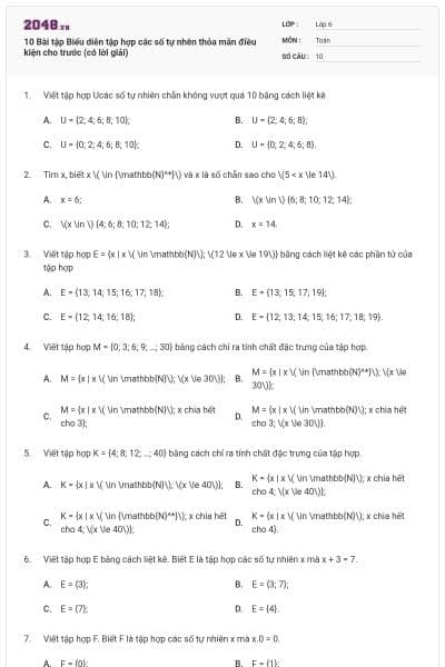 10 Bài tập Biểu diễn tập hợp các số tự nhên thỏa mãn điều kiện cho trước (có lời giải)