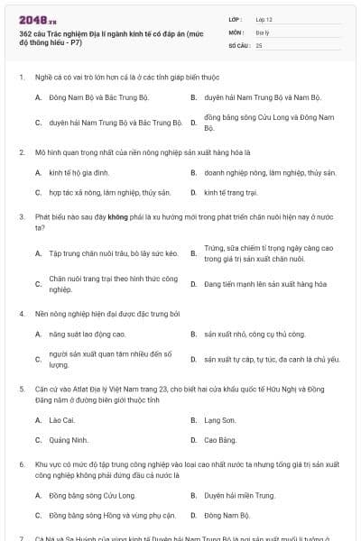 362 câu Trắc nghiệm Địa lí ngành kinh tế có đáp án (mức độ thông hiểu - P7)